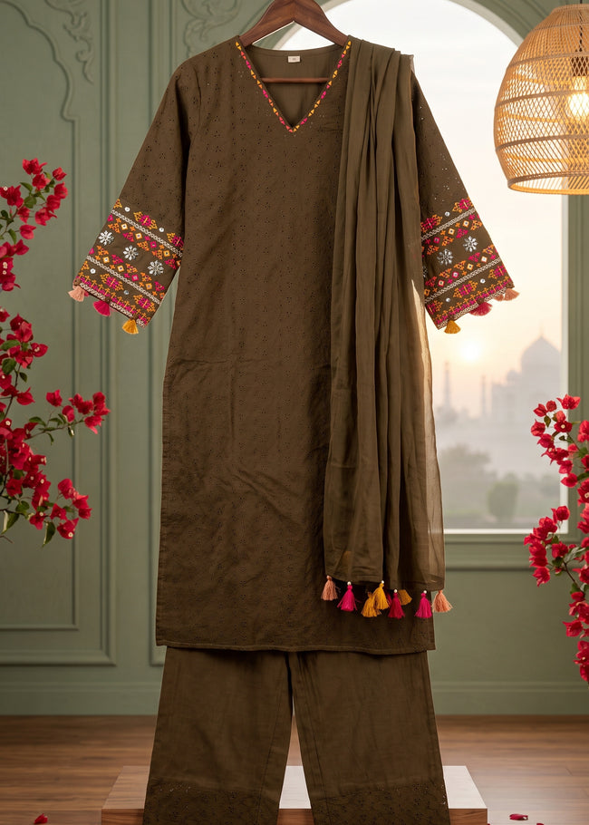Mehr Military Green Schiffli Tassel Kurta Set
