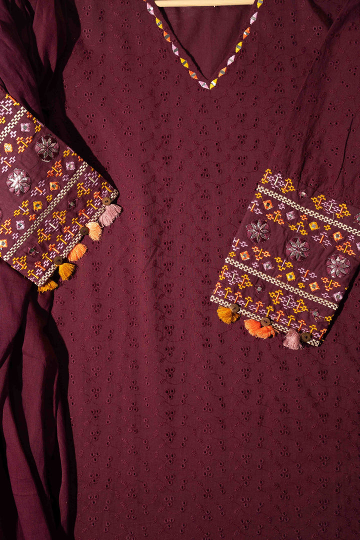 Mehr Wine Schiffli Tassel Kurta Set