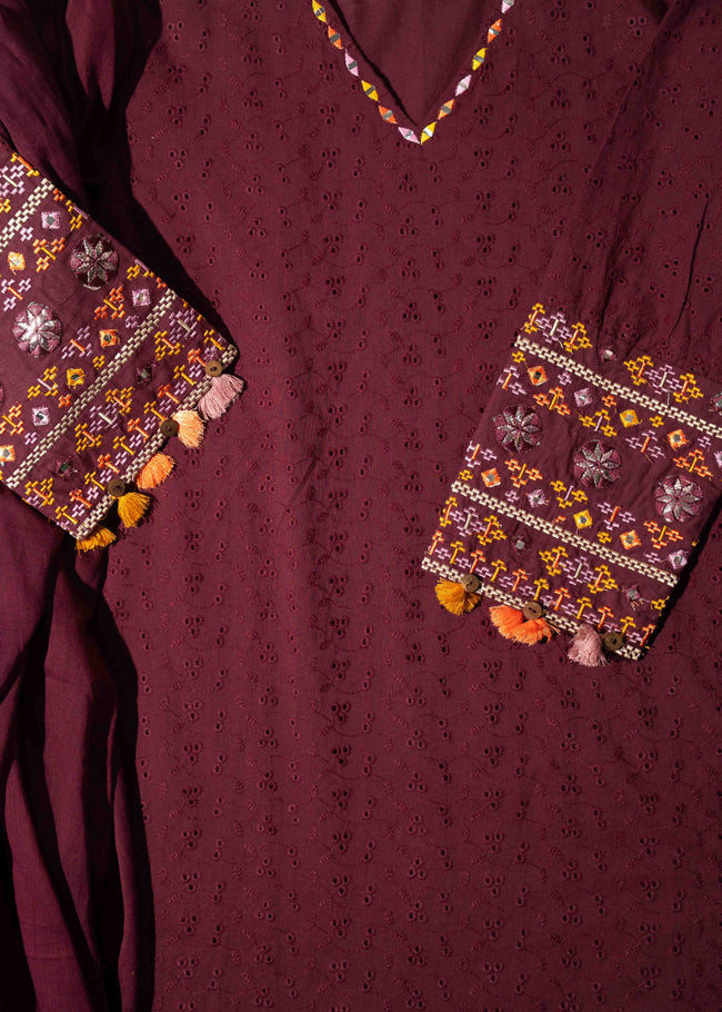 Mehr Wine Schiffli Tassel Kurta Set