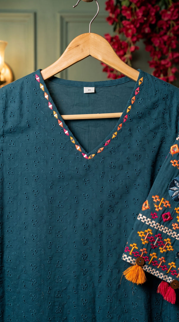 Mehr Teal Schiffli Tassel Kurta Set