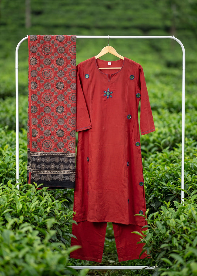 Madhavi Maroon Mirror Embroidered A-Line Kurta Set