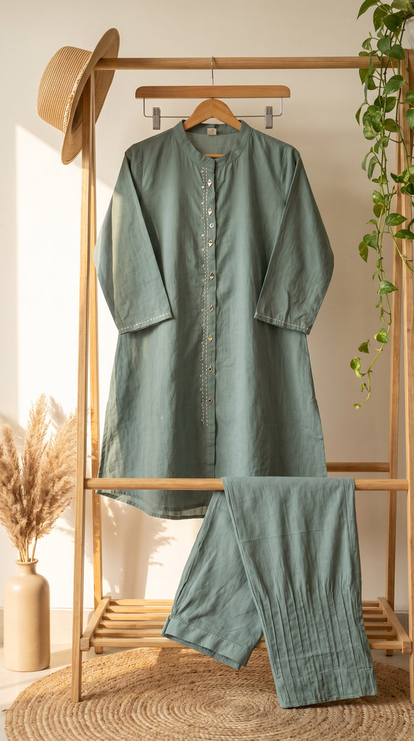 Abha Aqua Mirror Kantha Co-ord Set
