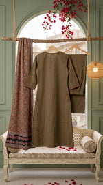 Load image into Gallery viewer, Madhavi Military Green Mirror Work Ajrakh Print Kurta Set