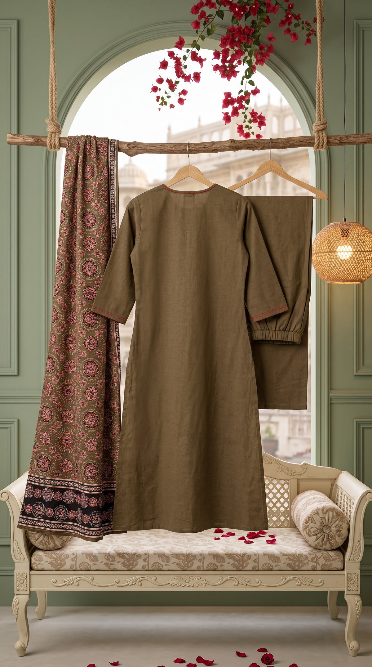 Madhavi Military Green Mirror Work Ajrakh Print Kurta Set