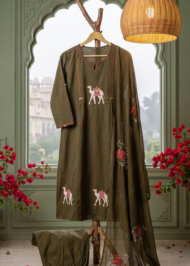 Reet Military Green Appliqué Pin-Tuck Kurta Set