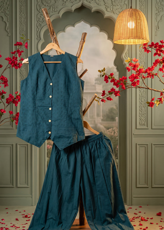 Aira Teal Schiffli Balloon Pant Co-ord Set