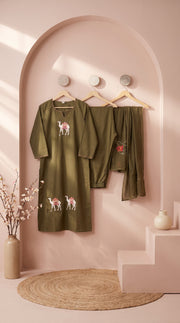 Maruva Military Green Appliqué Embroidered Kurta Set