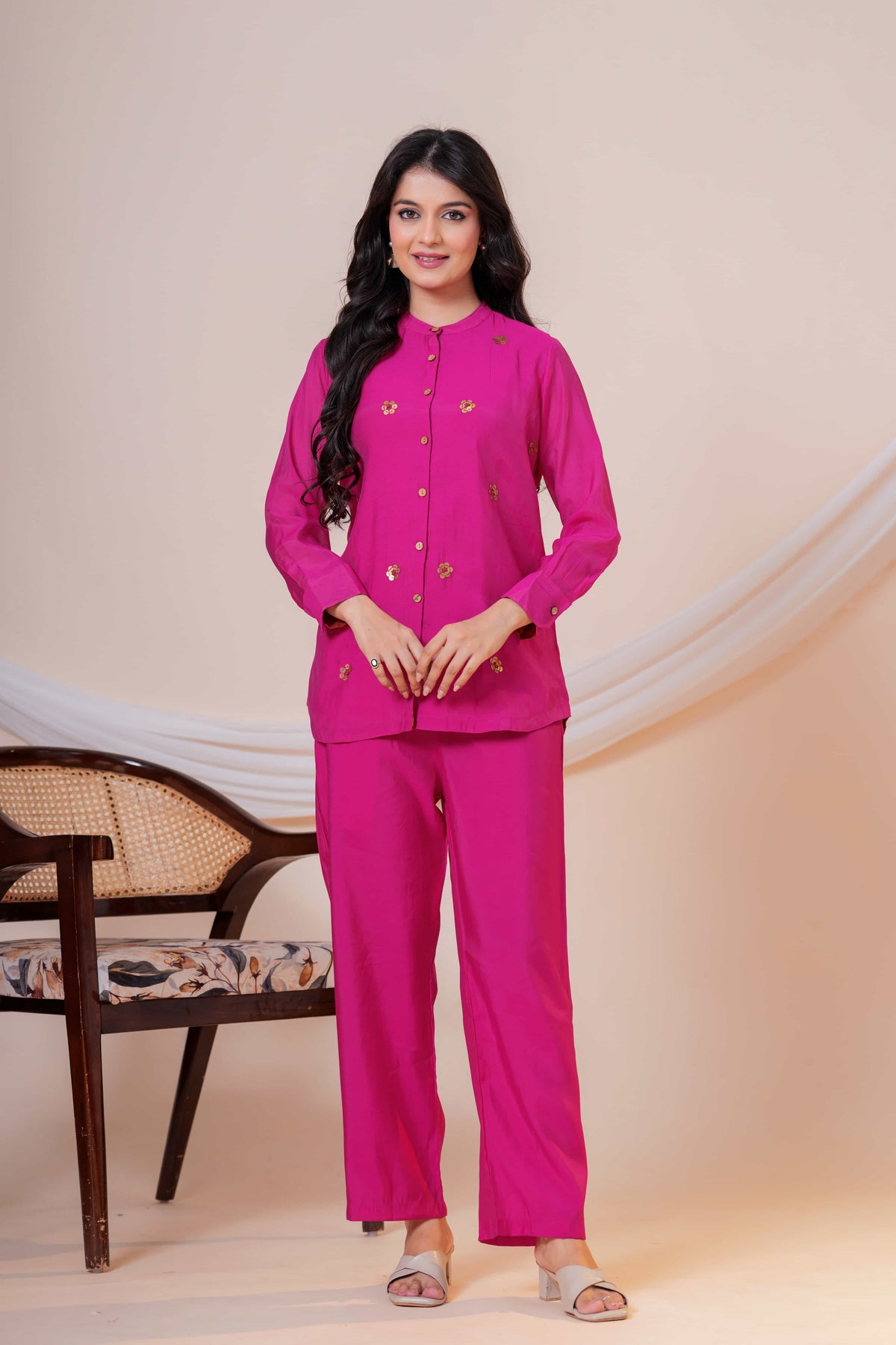 Gulnaar Onion Embroidered Collared Co-ord Set