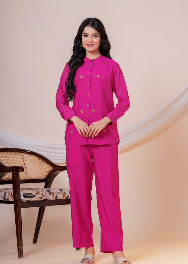Gulnaar Onion Embroidered Collared Co-ord Set
