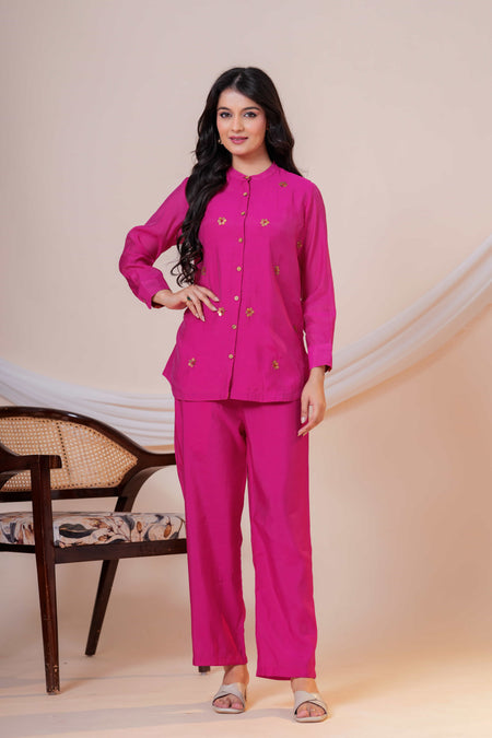 Gulnaar Onion Embroidered Collared Co-ord Set