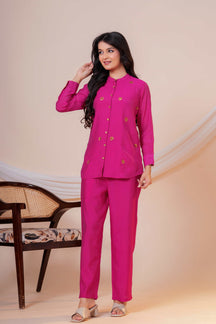 Gulnaar Onion Embroidered Collared Co-ord Set