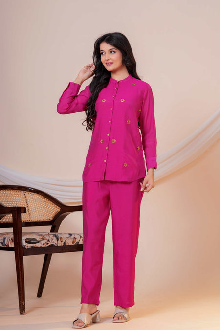 Gulnaar Onion Embroidered Collared Co-ord Set