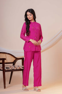Gulnaar Onion Embroidered Collared Co-ord Set