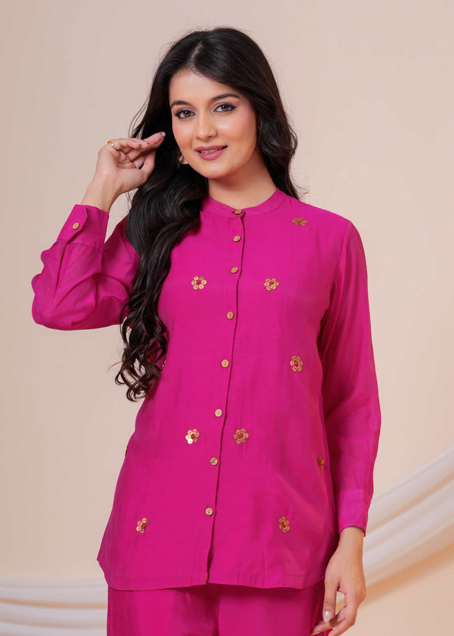 Gulnaar Onion Embroidered Collared Co-ord Set