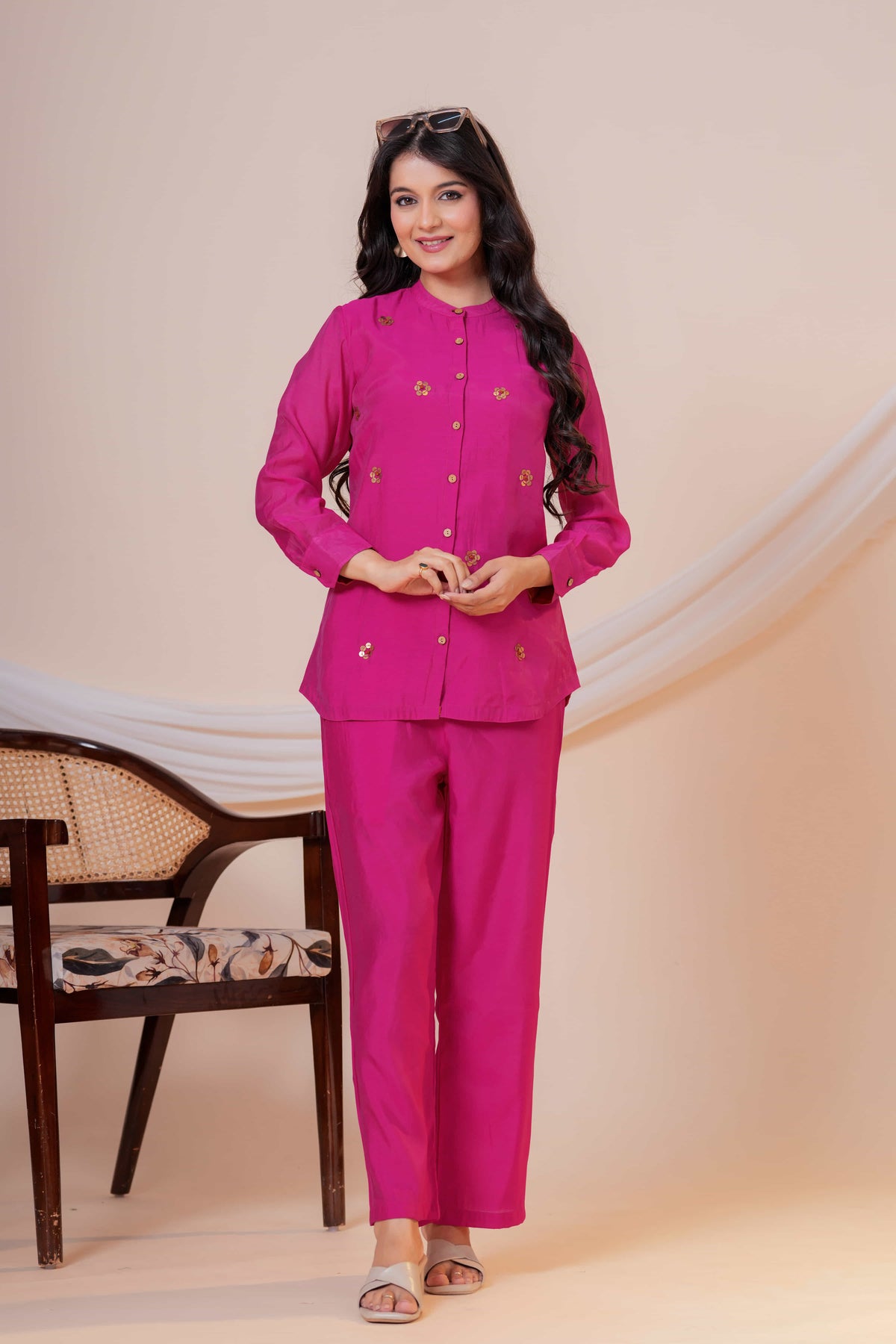 Gulnaar Onion Embroidered Collared Co-ord Set