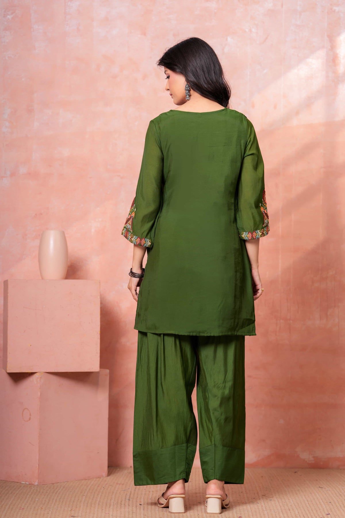 Military Green Floral Scallop Embroidered Kurta Set