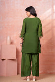 Military Green Floral Scallop Embroidered Kurta Set