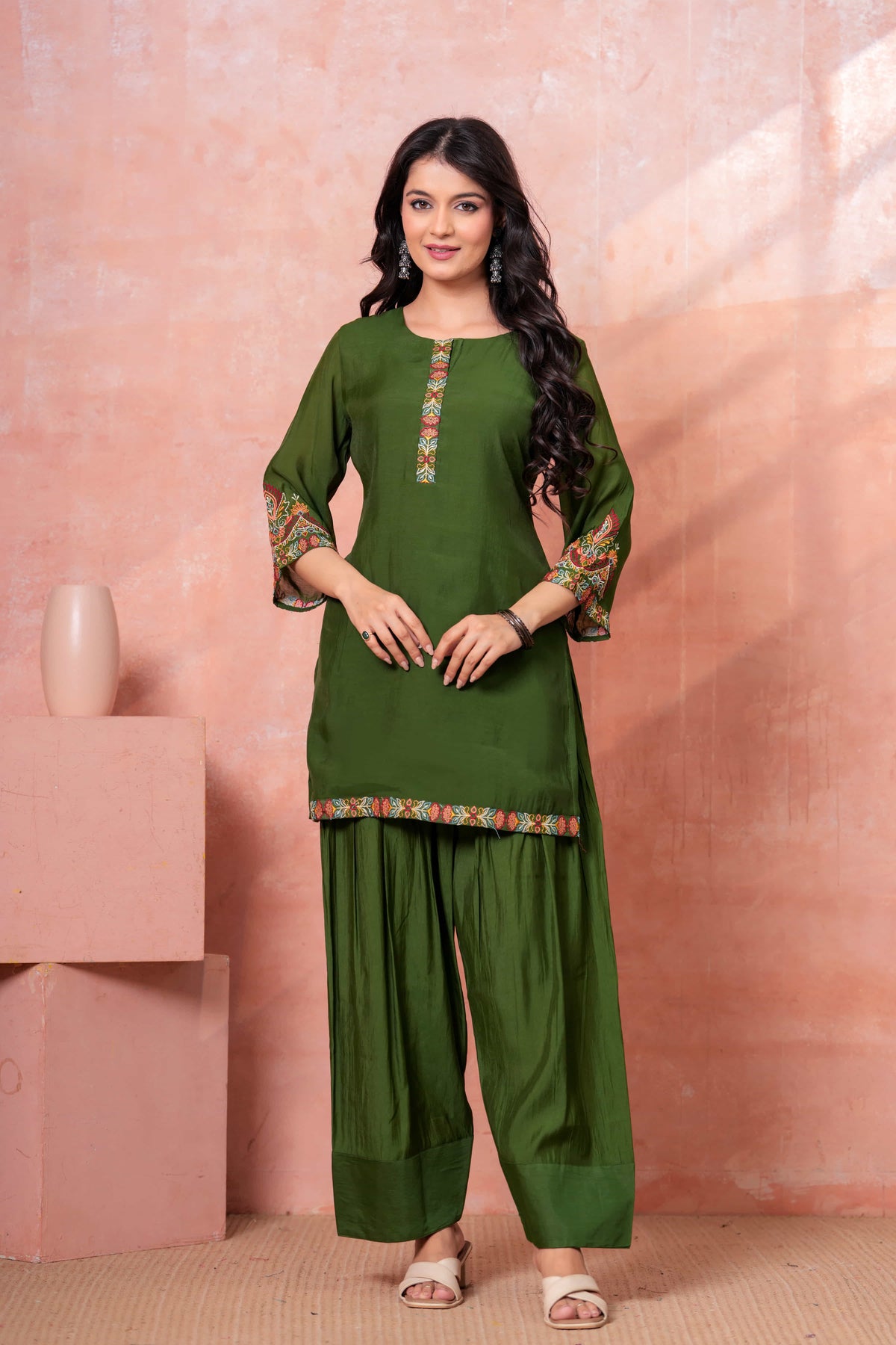 Military Green Floral Scallop Embroidered Kurta Set