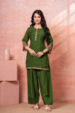 Military Green Floral Scallop Embroidered Kurta Set