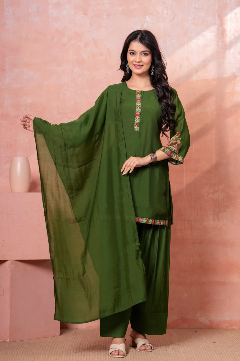Military Green Floral Scallop Embroidered Kurta Set