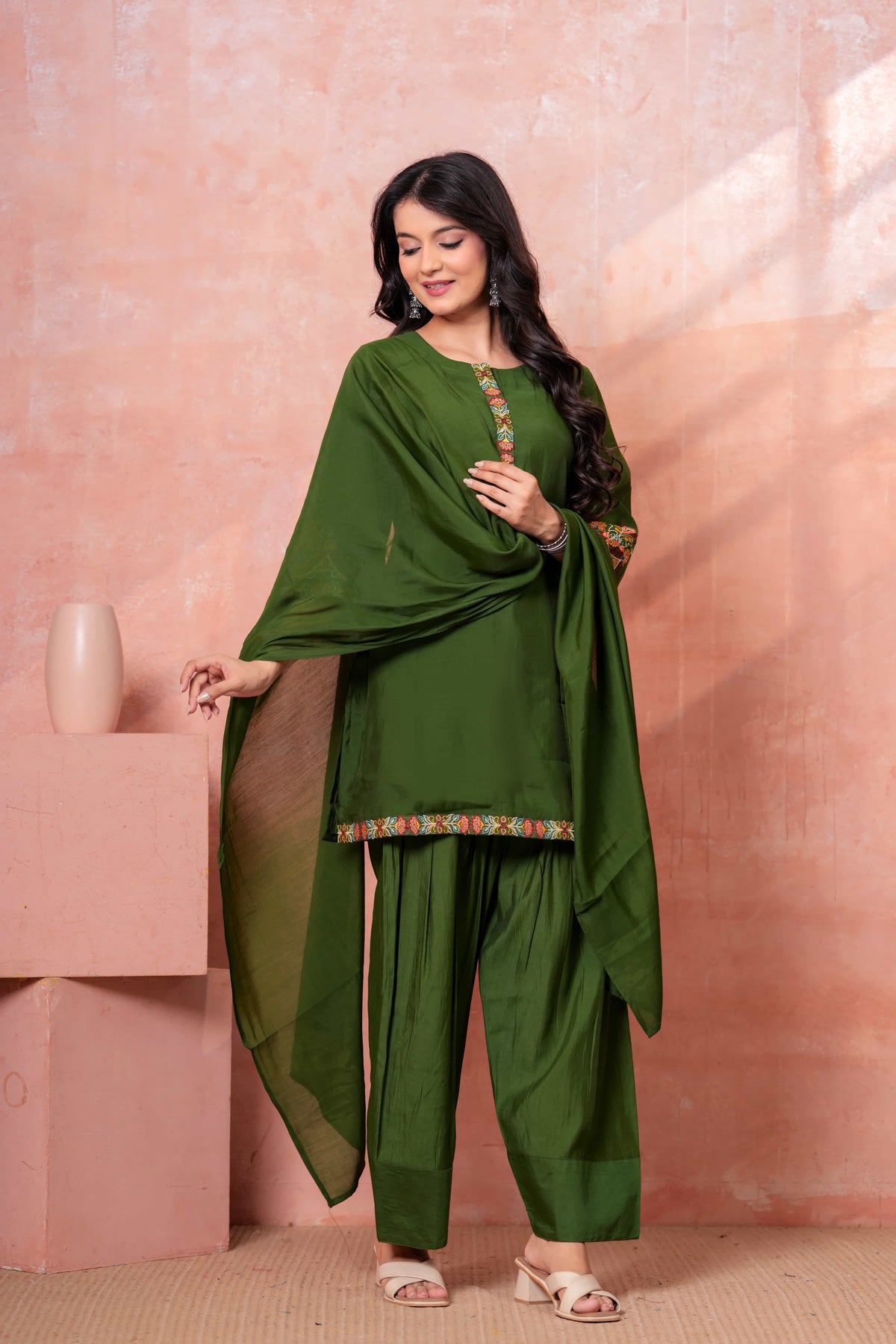 Military Green Floral Scallop Embroidered Kurta Set