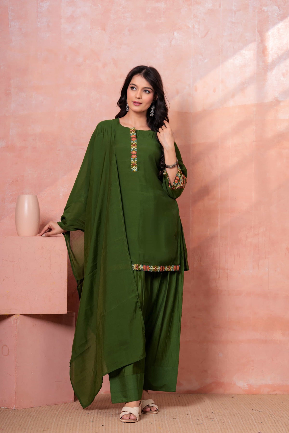 Military Green Floral Scallop Embroidered Kurta Set