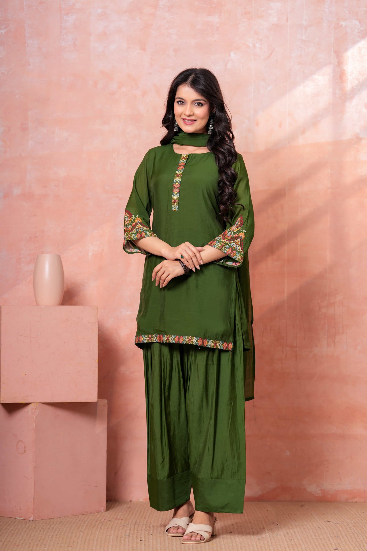 Military Green Floral Scallop Embroidered Kurta Set