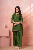 Military Green Floral Scallop Embroidered Kurta Set