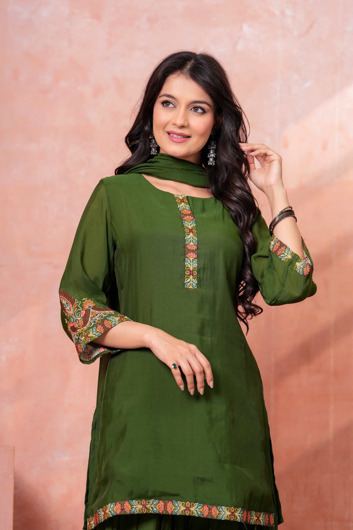 Military Green Floral Scallop Embroidered Kurta Set