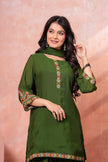 Military Green Floral Scallop Embroidered Kurta Set