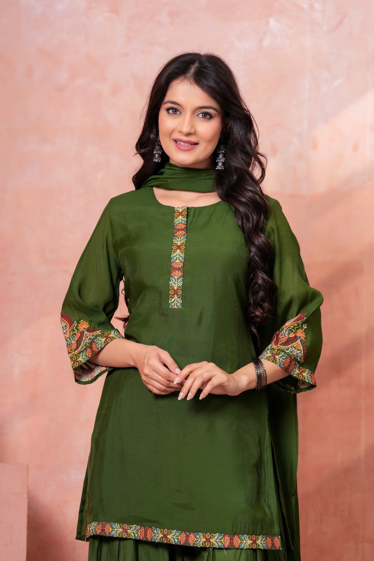 Military Green Floral Scallop Embroidered Kurta Set