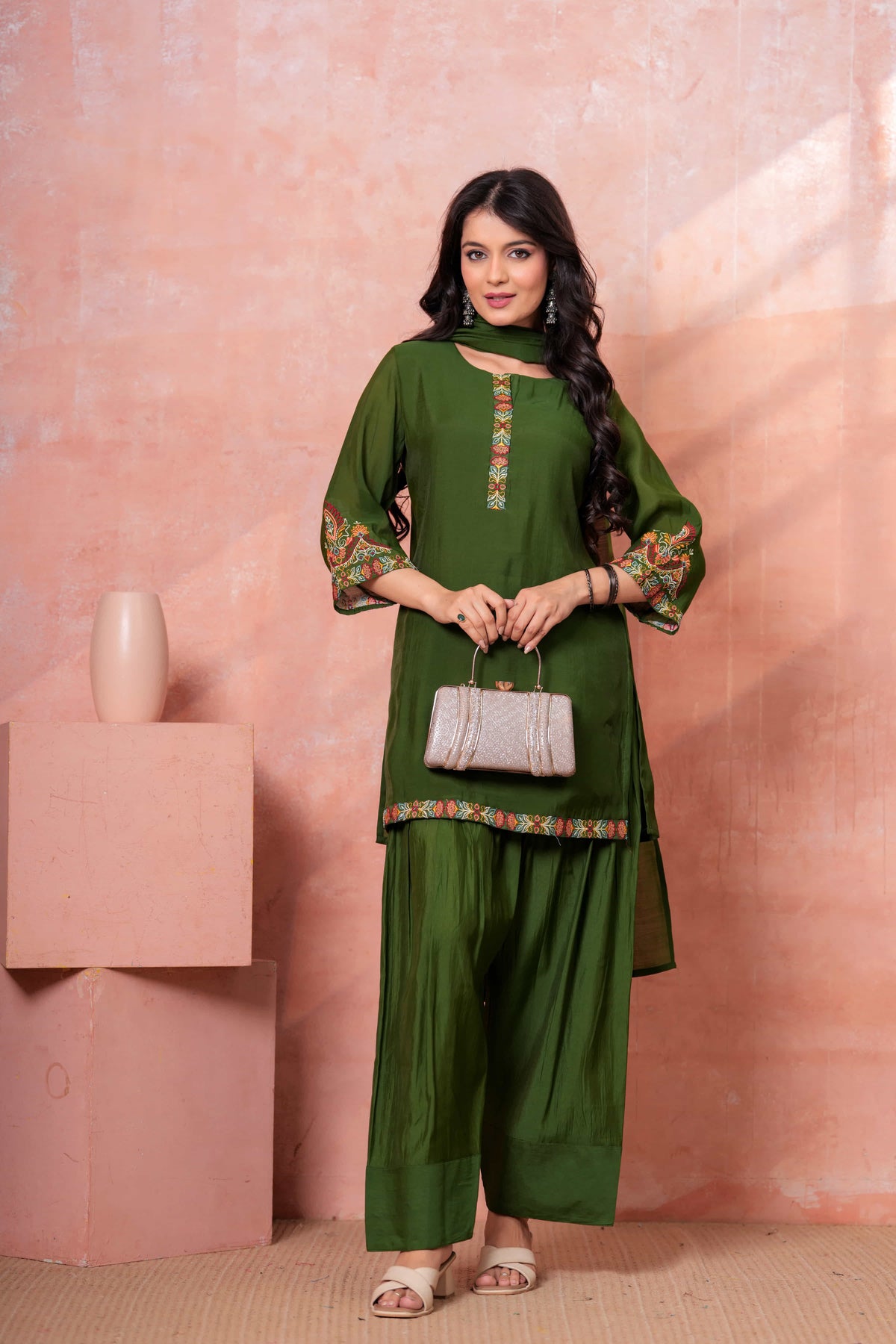 Military Green Floral Scallop Embroidered Kurta Set