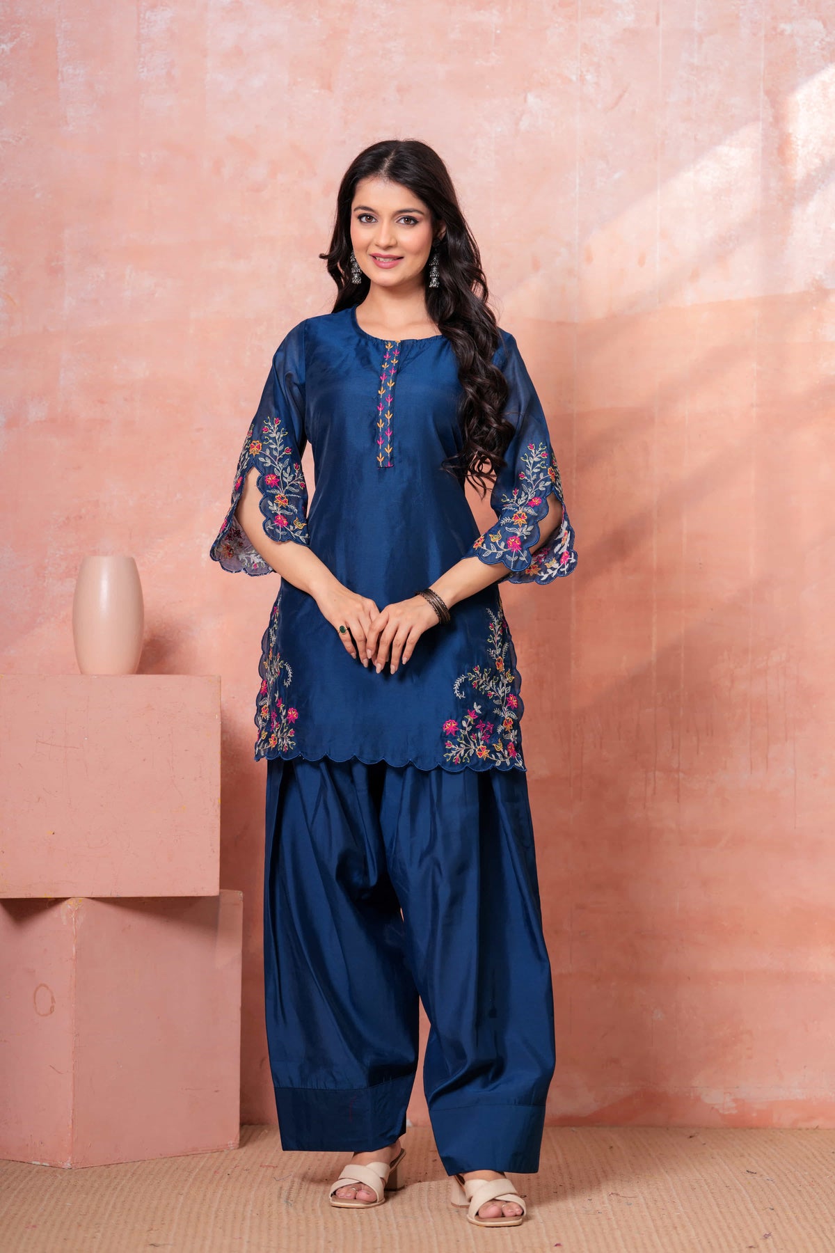 Navy Floral Scallop Embroidered Kurta Set