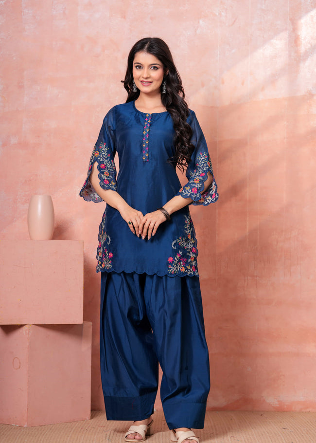 Navy Floral Scallop Embroidered Kurta Set