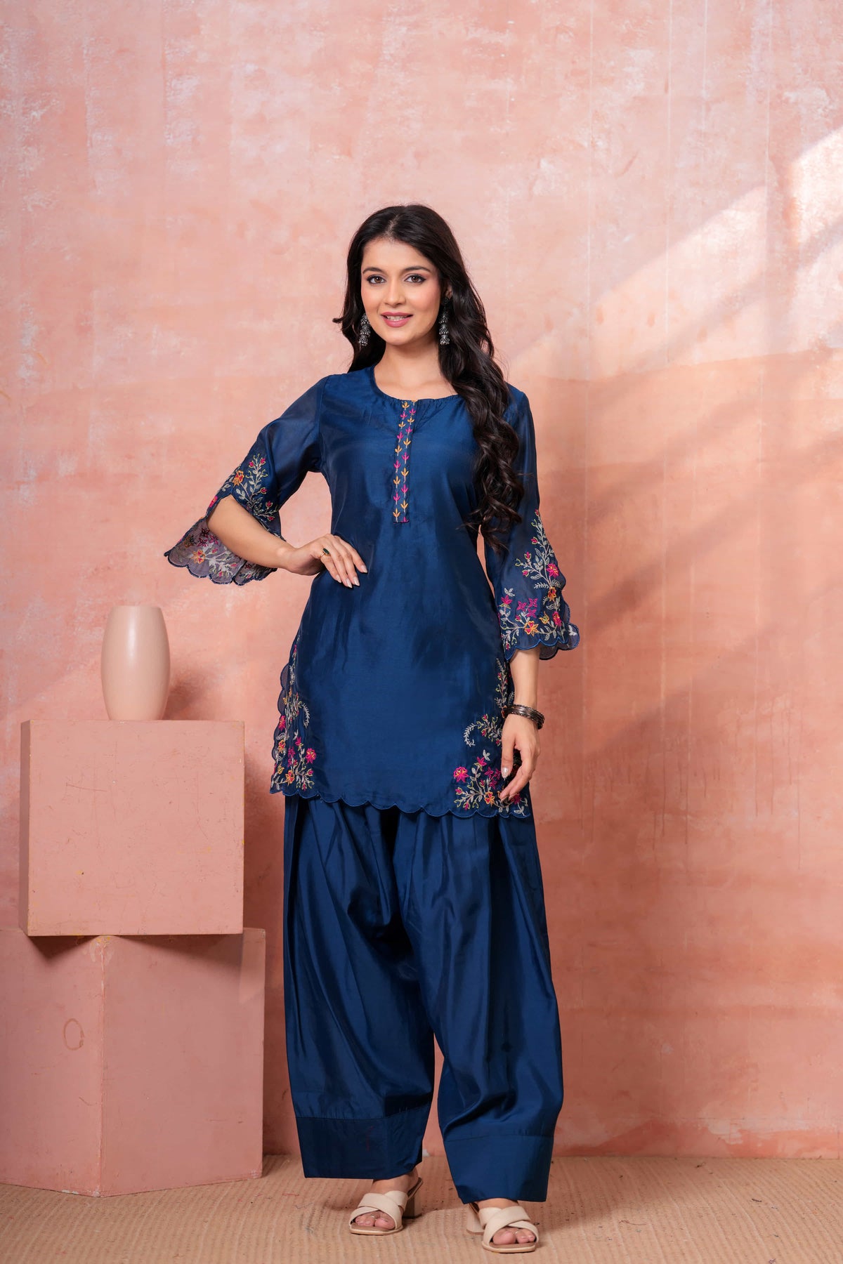 Navy Floral Scallop Embroidered Kurta Set