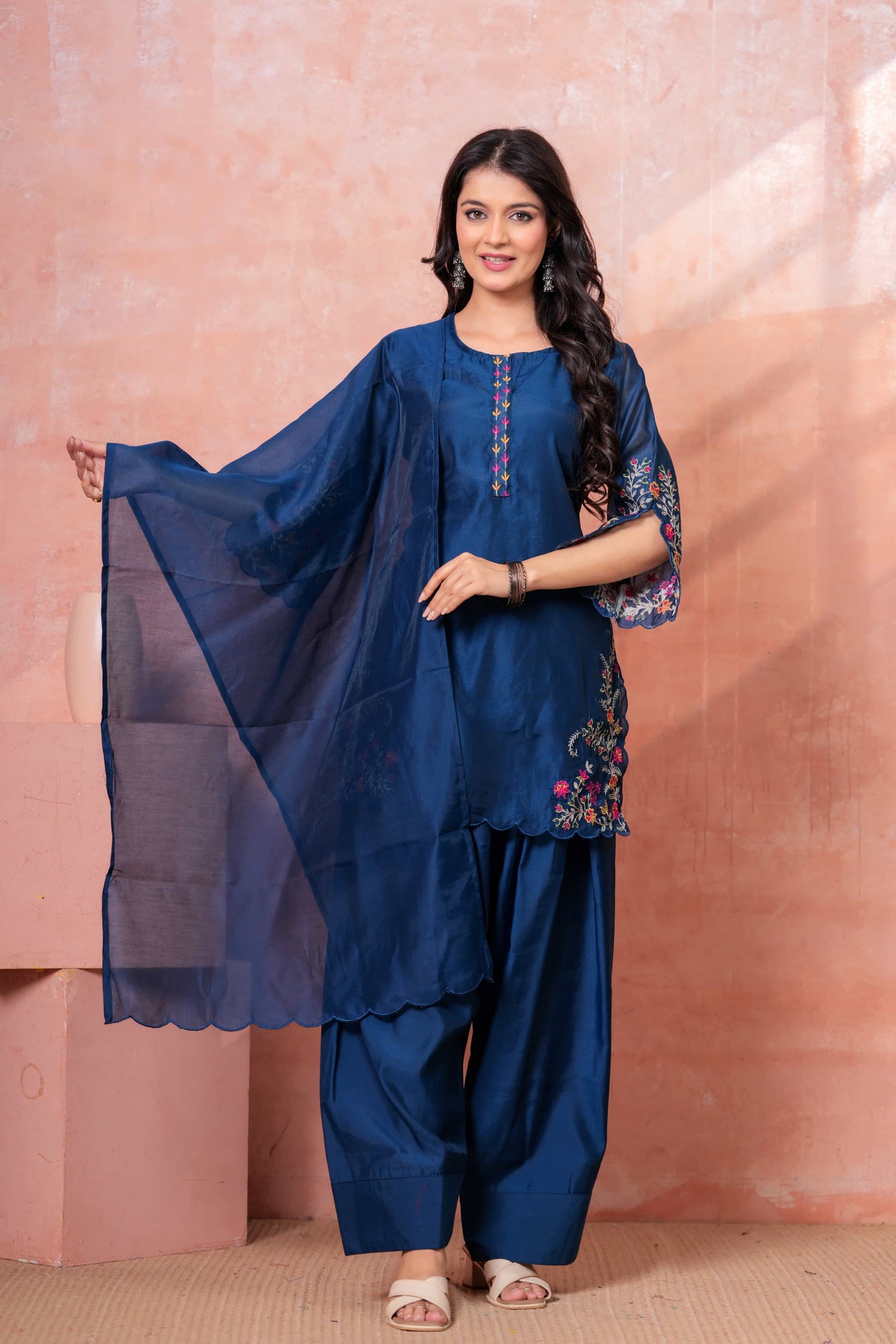 Navy Floral Scallop Embroidered Kurta Set