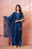 Navy Floral Scallop Embroidered Kurta Set