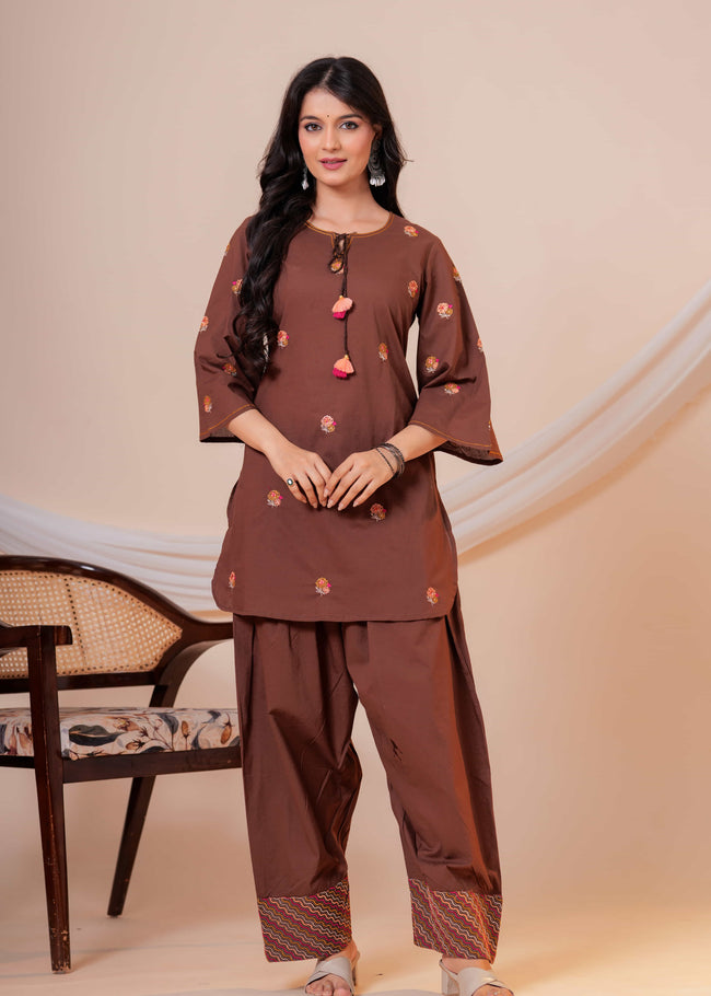 Nazm Brown Tassel Embroidered Co-ord Set