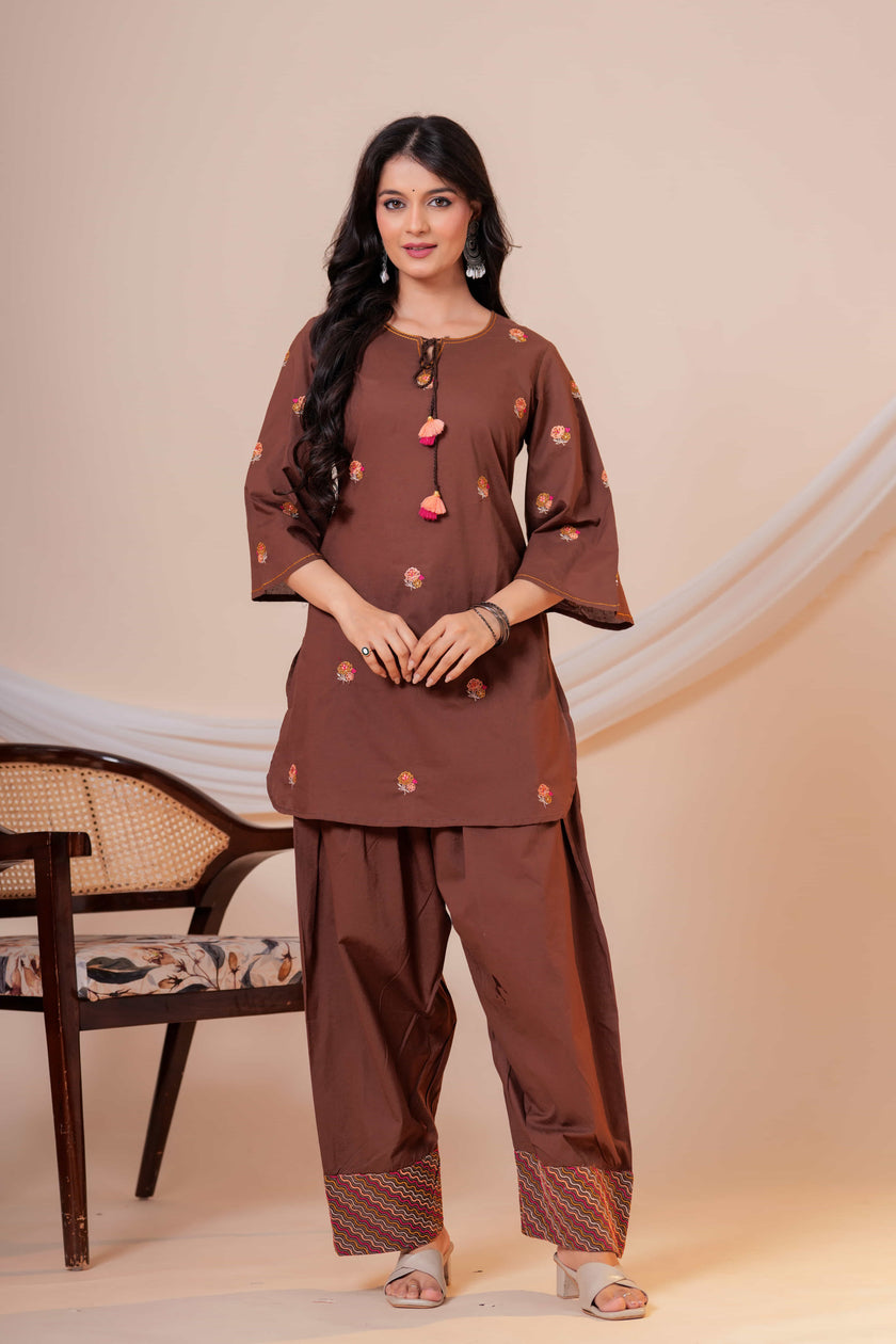 Nazm Brown Tassel Embroidered Co-ord Set