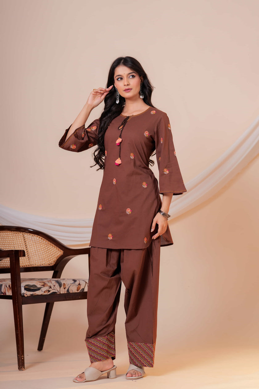 Nazm Brown Tassel Embroidered Co-ord Set