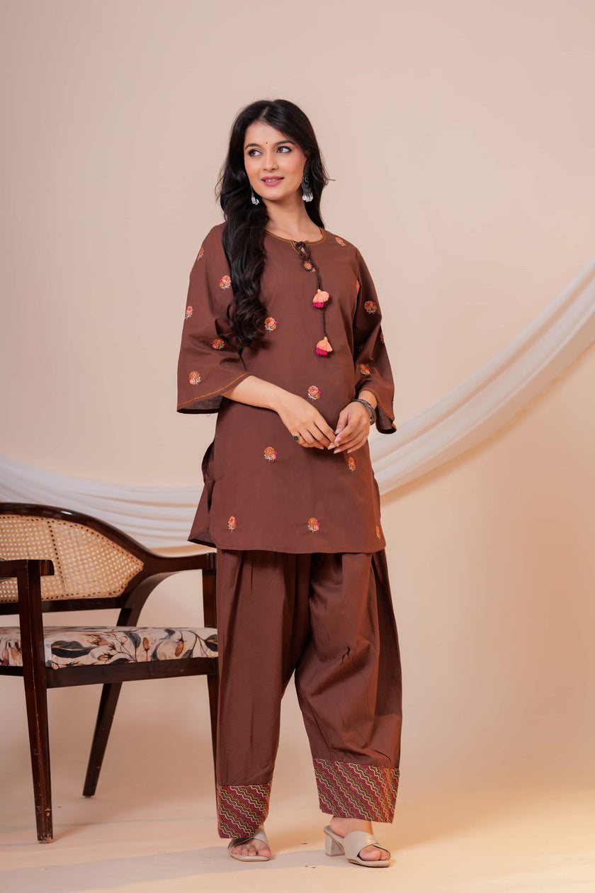 Nazm Brown Tassel Embroidered Co-ord Set