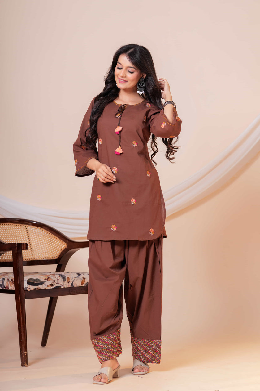 Nazm Brown Tassel Embroidered Co-ord Set