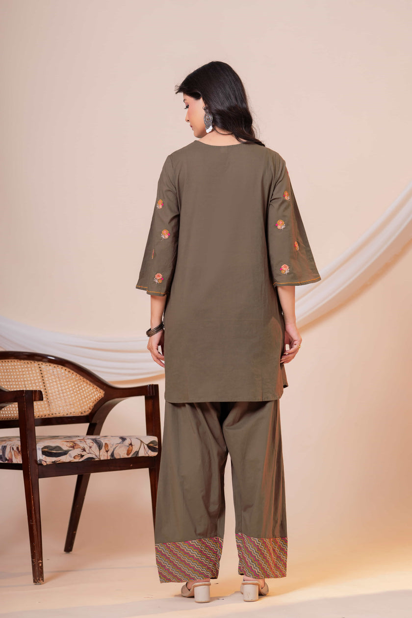 Nazm Military Green Tassel Embroidered Co-ord Set