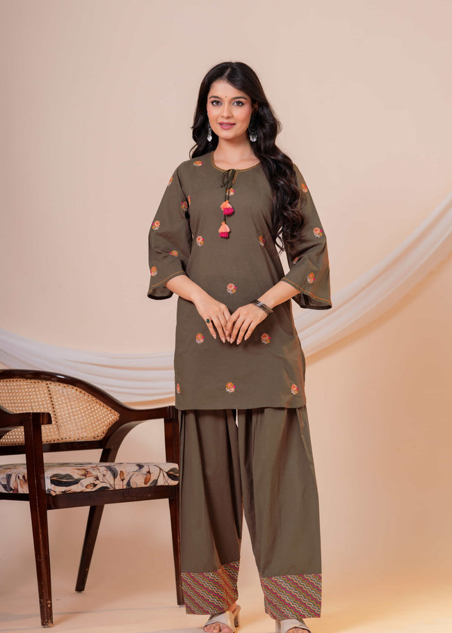 Nazm Military Green Tassel Embroidered Co-ord Set