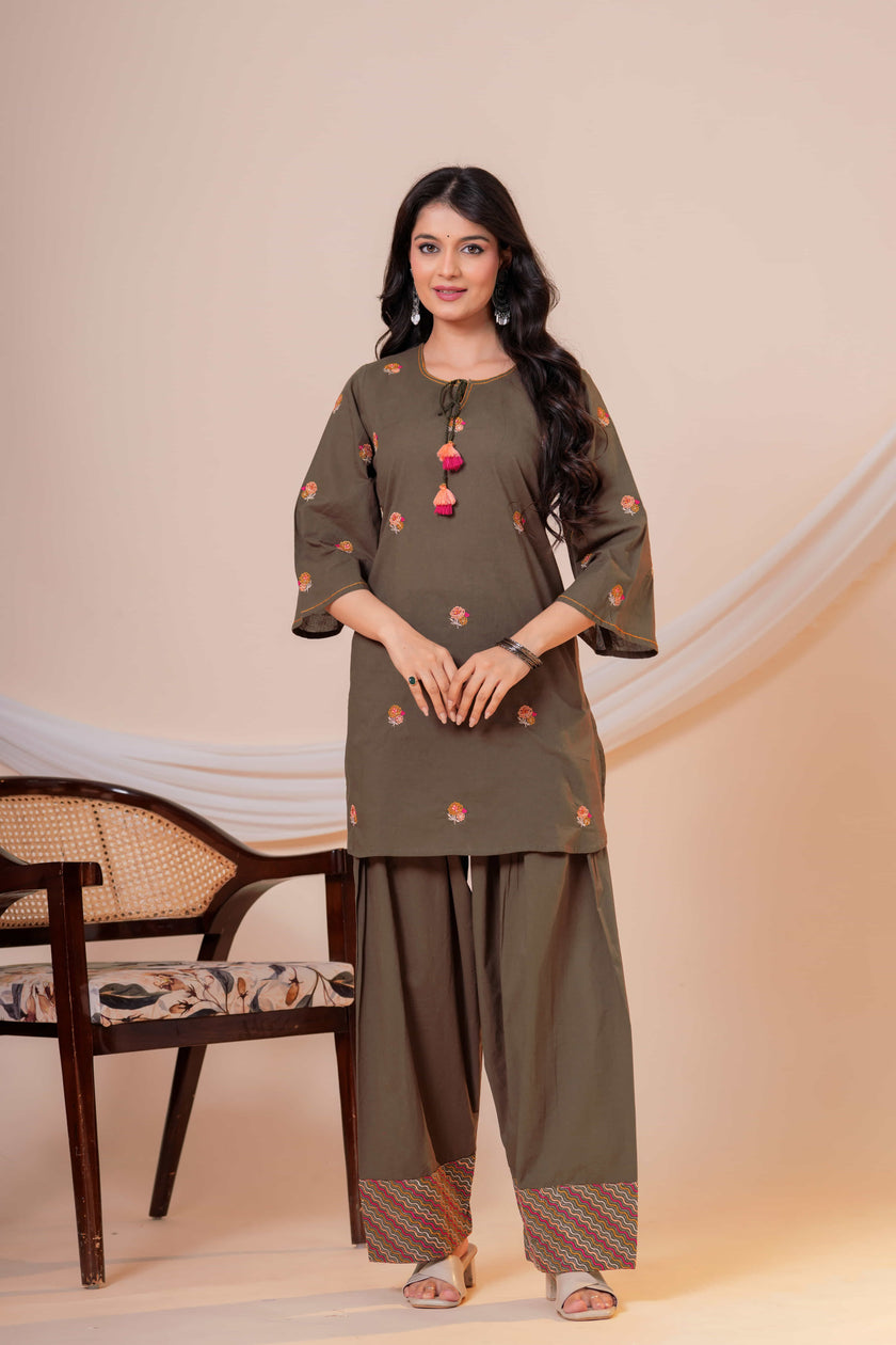 Nazm Military Green Tassel Embroidered Co-ord Set