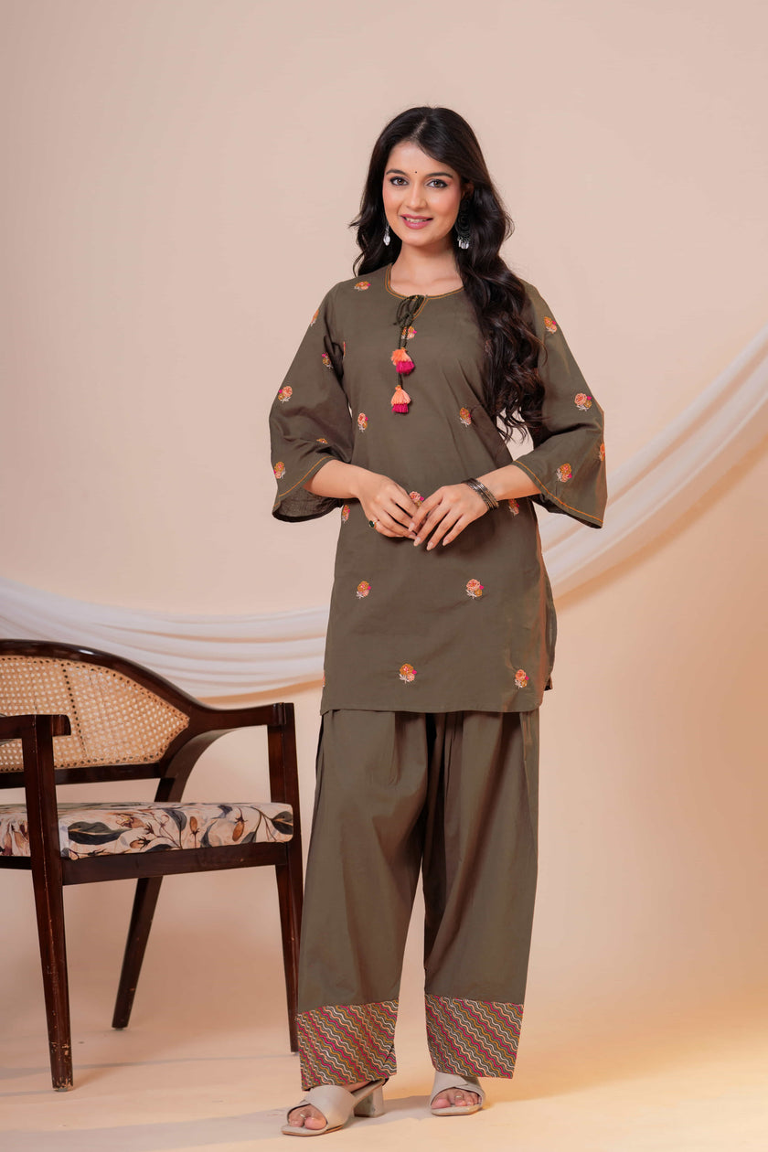 Nazm Military Green Tassel Embroidered Co-ord Set