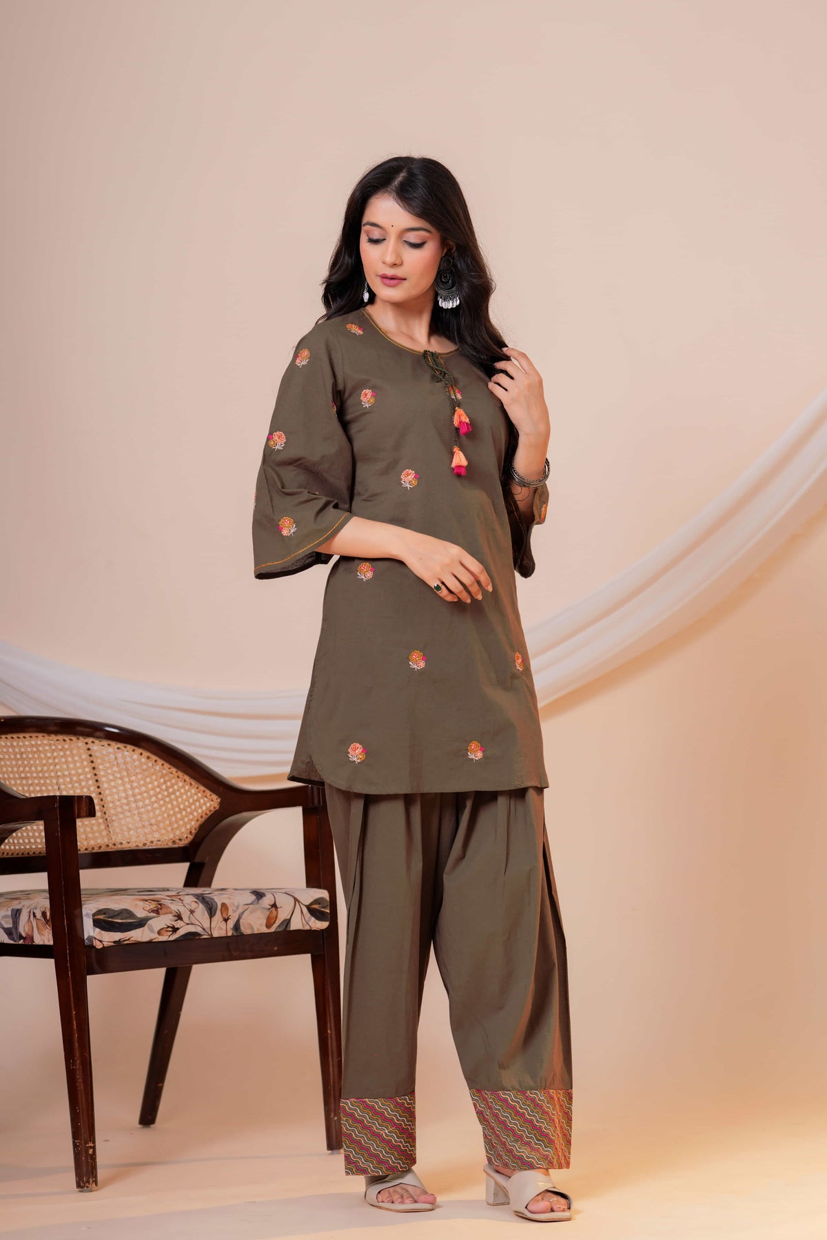 Nazm Military Green Tassel Embroidered Co-ord Set