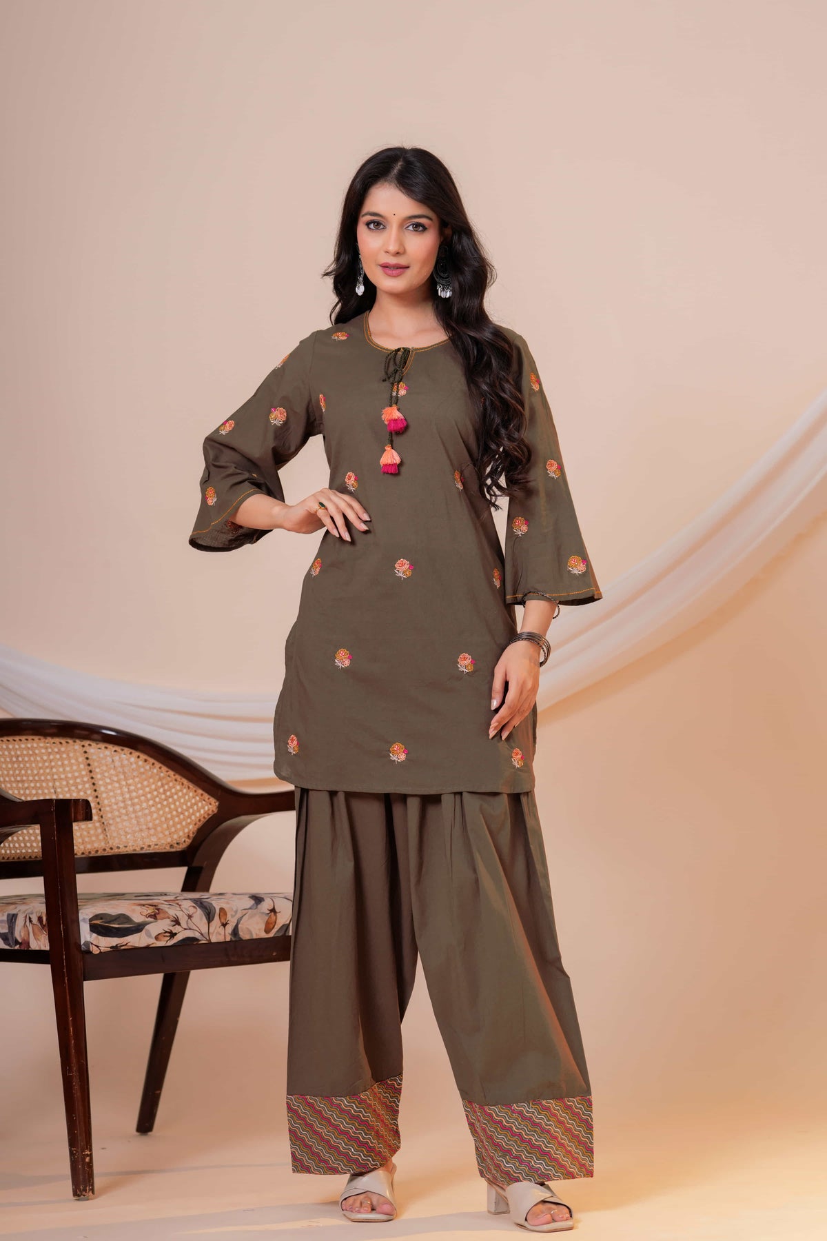 Nazm Military Green Tassel Embroidered Co-ord Set
