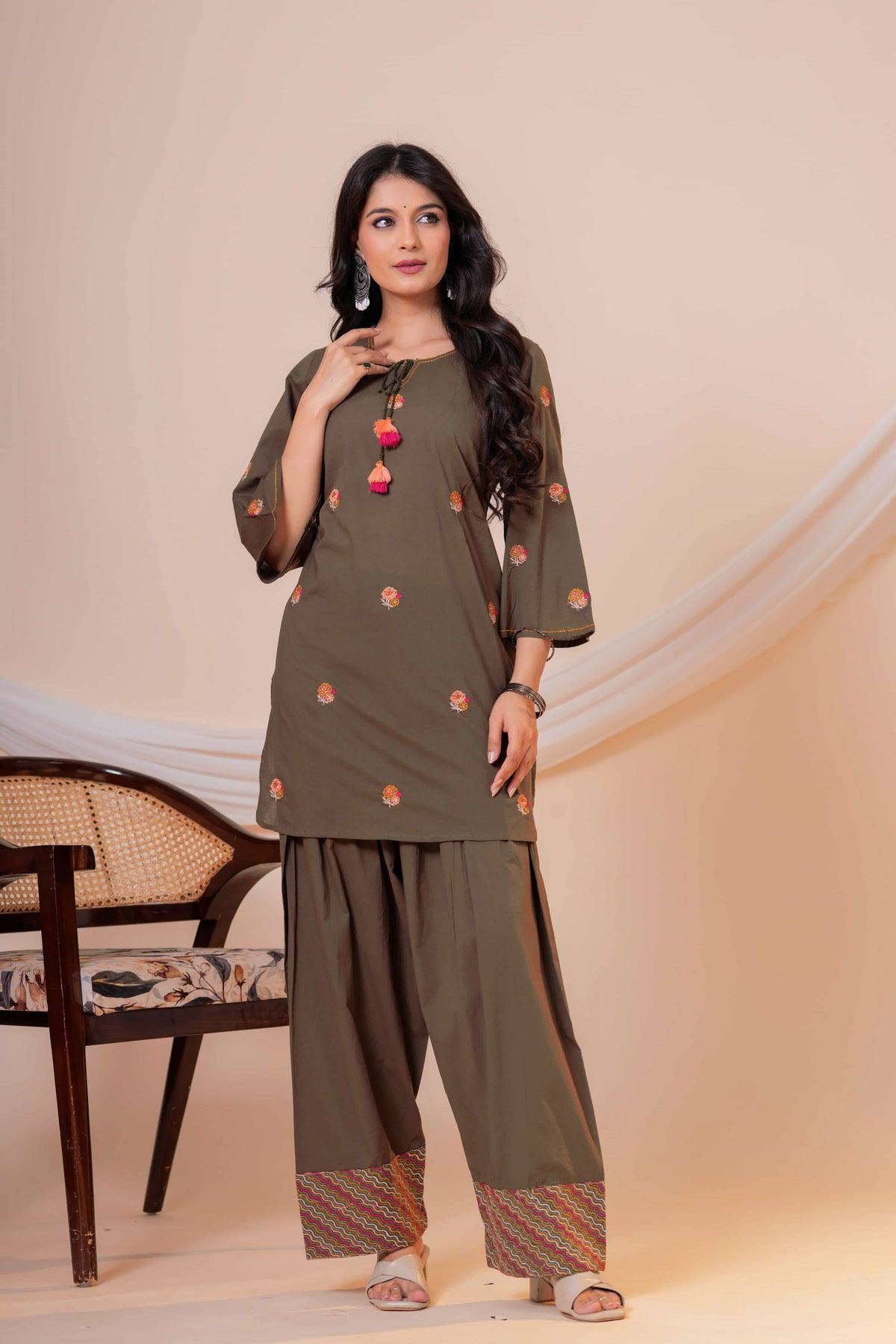 Nazm Military Green Tassel Embroidered Co-ord Set