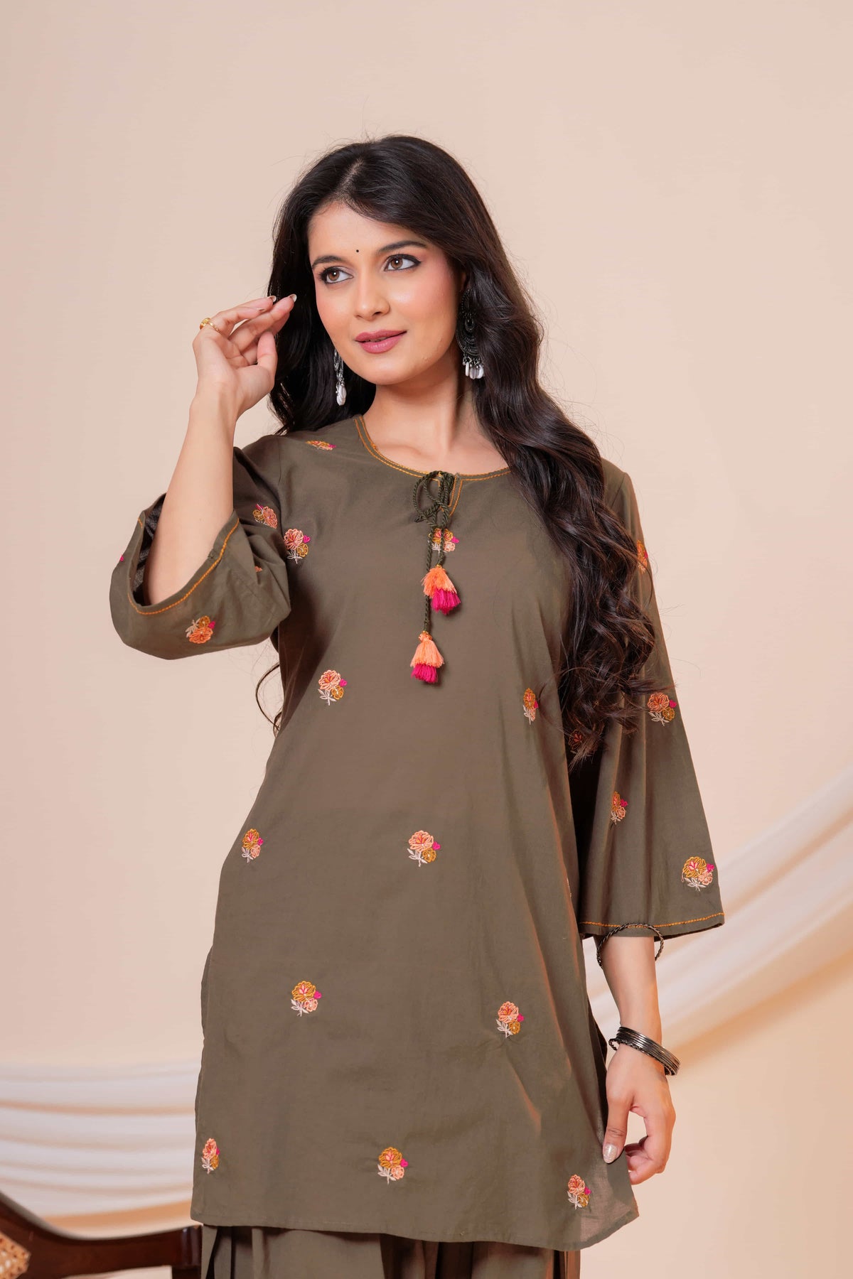 Nazm Military Green Tassel Embroidered Co-ord Set